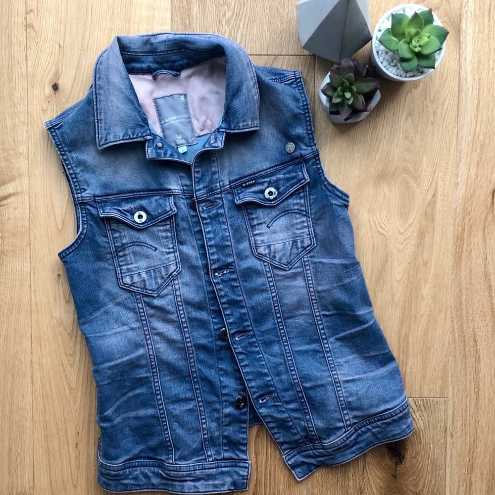G-STAR Blue & Pink denim sleeveless vest - Picture 1 of 15